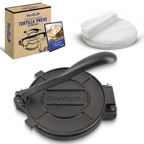10-Zoll-Tortilla-Presse aus Gusseisen von StarBlue mit 100 Stück Ölpapier und Rezepte-E-Book - Werkzeug zur Herstellung von Chapati, Tortilla, Roti nach indischer Art