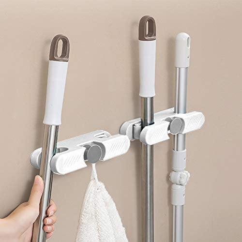 RIXOW Portascopa 2 Pezzi, Appendi Portascope da Muro, Clip per mocio senza forature, Portaspazzole con Gancio, Multifunzione Supporto Scopa per Bagno, Cucina, Garage, Risparmiare Spazio