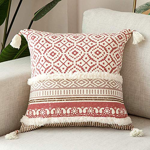 hi-home 1 Stück Boho Kissenbezug, Dekorative kissenbezüge mit Quaste Baumwolle Sofakissen 50x50cm Kissenhülle Dekokissen Kopfkissenbezug Kissen Boho Style für Sofa Schlafzimmer Wohnzimmer (Rosa)