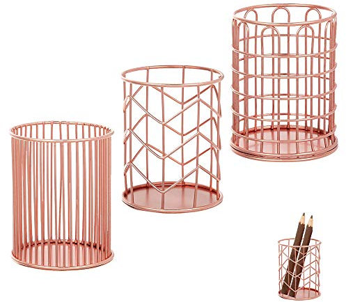 Rkllejs 3 Pièces Porte Stylo Or, Porte Crayon en Or Rose, Porte Crayon Pot, Art Du Fer Pot à Crayons Durable Multifonctionnel, pour Le Bureau, La Maison, 'École, 3 Modèles