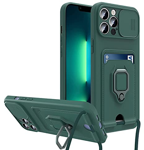 Rokmym Coque pour iPhone 13 avec Cordon de Collier,Coque Protection Caméra Slide Case [avec Anneau Rotatif à 360 degrés ] Silicone Coque avec Slot Card Holder Housse pour iPhone 13