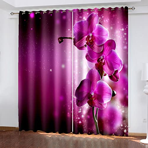 SJYHNB Verdunkelungsvorhange 2er Set Fuchsia Orchidee Kinderzimmer Verdunkelungsvorhang Wärmeisolierte Gardinen mit Ösen Polyester 3D Effekt Druck Vorhänge 2 x B140 x H175 cm