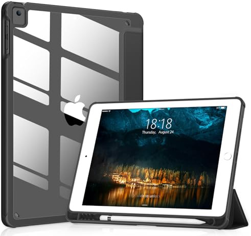 VIKESI für iPad 6./5. Generation 9,7-Zoll-Hülle (2018/2017), iPad Air 2 & 1 (2014/2013) Hülle, Klare Rückseite, Smart Cover [Integrierter Stifthalter, Automatisches Sleep/Wake] - Schwarz
