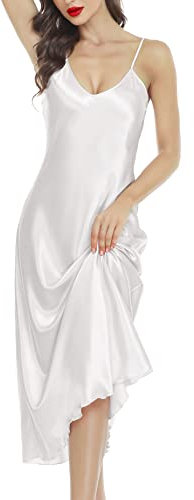 Lovasy Nuisette Femme Satin Chemise de Nuit Kimono Peignoir Nuisett Longue Fond Robe Femmes Vêtements Pyjama Chic,Blanc XL