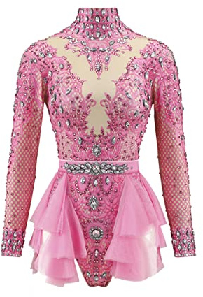 Glänzender Strass-Body für Damen, langärmelig, Drag-Queen-Outfit, sexy Kostüme, Tanz, rose, Einheitsgröße