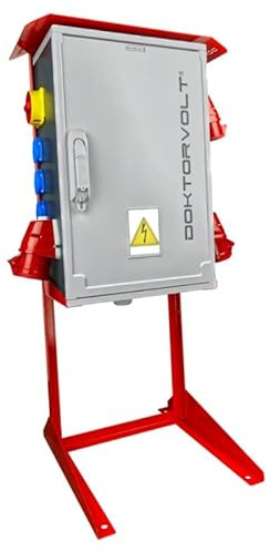 Baustromverteiler mit Ständer OS-S/FI Lasttrennschalter FI-Schalter, 2x32A, 1x16A CEE-Steckdose, 8x230V Schuko-Steckdose Stromverteiler IP44 Doktorvolt