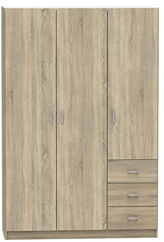 JUANIO Armario Ropero para Dormitorio de Tres Puertas y Tres Cajones, Acabado en Color Roble Cambrian, Medidas: 120 cm (Ancho) x 180 cm (Alto) x 50 cm (Fondo)