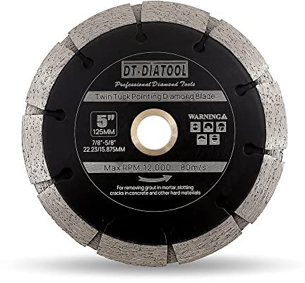 DT-DIATOOL Twin Tuck Point Disc - 125mm Mortar Raking Dual Diamond Disc 22.23-16mm Arbor for Mortar Removal, Grout Concrete Asphalt Surfaces Repair, Masonry Brick Stone Cutting