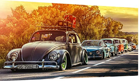 Magic Canvas Art - Bilder Oldtimer Autos Classic Käfer VW BUS Leinwandbild 1- teilig Hochwertiger Kunstdruck modern Wandbilder Wanddekoration Design Wand Bild, Größe: 120 x 60 cm