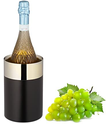 Relaxdays Refroidisseur à vin (Mousseux), Seau en Acier Inoxydable, Double paroi, H x D : 18,5 x 12 cm, Noir et doré