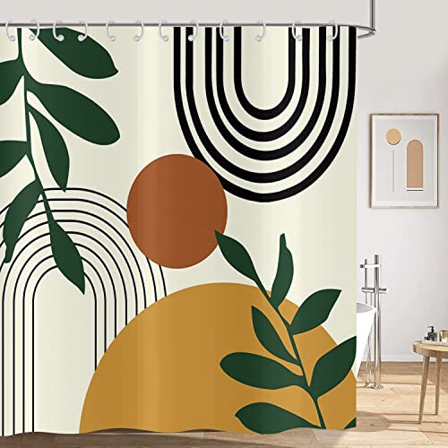 Hnmdmyi Duschvorhang Boho 150x180, Mid Century Abstrakt Bogen Sonne Grün Blätter Beige Badewanne Vorhang Modern Minimalistisch Ästhetisch Kunst Wasserdicht Polyester Stoff Waschbar Badevorhang