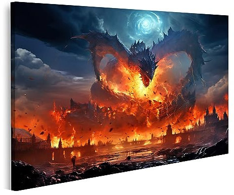islandburner Wandbild Drache speit Feuer über der Stadt Fantasy Feuerdrache auf Leinwand Bilder Bild Poster