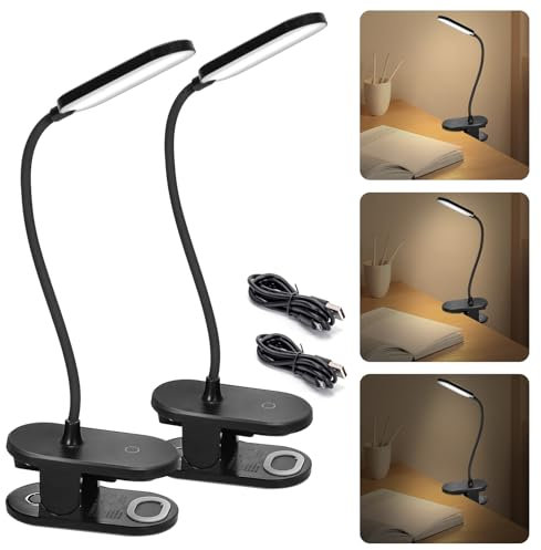 Aigostar Luz Lectura,Lámpara Lectura Pinza con 360° Brazo Flexible Regulable, Luz de Cama con Clip,3 Modos,Recargable Usb Flexo Led Escritorio 4000K Protección Ojos Colors, Negro, 2pcs