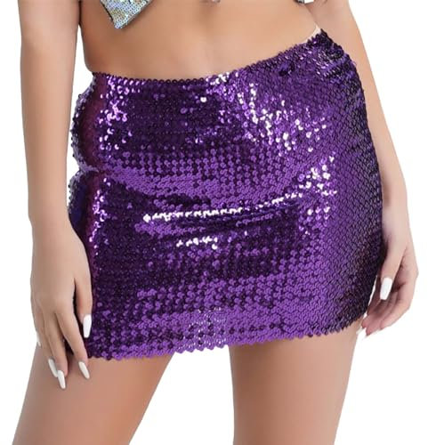 Gonna con paillettes da donna, minigonna per Carnevale, feste, festival, carnevale, feste a matita, costume di carnevale, minigonna metallica a pieghe da donna, Lilla, Einheitsgröße