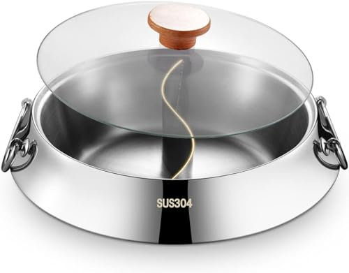 Frying Pan Stainless Steel Shabu Shabu Pot with Divider and Lid Dual Sided Hot Pot Divided Hotpot Soup Pot Cookware for Induction Cooktop Gas Stove,30cm