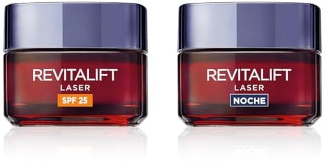 Rutina L'Oréal Paris Revitalift Láser Set de Crema de Día Hidratante con Protección Solar SPF 25 Antiarrugas y Crema de Noche Anti-Edad, Triple Acción, 50 ml cada una. Inspirado en Cosmética Coreana.