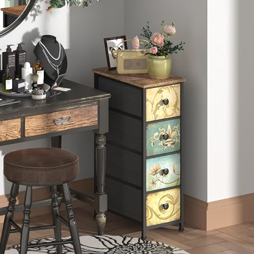 VEDECASA Chest of Drawers with 4 Fabric Drawers Narrow Dresser for Bedroom Vertical Tall Storage Tower Unit for Bathroom Kitchen Living Room Small Place Wooden Top Sturdy Metal Frame