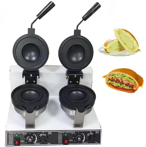 Qiang Presse à Panini Commerciale 1300w électrique Burger Gaufrier Presse à Sandwich à Crème Glacée,Machine à Gaufres,Diamètre 10Cm,Réglable 50 à 300℃ Chauffage Double Face,Doublehead