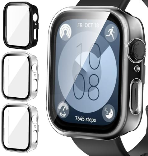 ivoler 3 Piezas Funda para Huawei Watch Fit 3, Protección Completa Protector de Pantalla de Cristal Vidrio Templado Duro PC Anti-arañazos Carcasa, 2 Transparente + 1 Negro