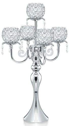 Candelabro dorado, elegante centro de mesa con colgante, decoración de mesa de cristal, candelabros de 5 brazos para comedor, 22.5 pulgadas de alto (1, plateado)