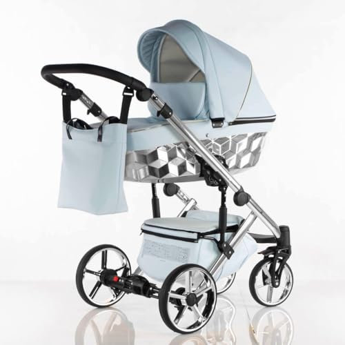 Trio CUBIC Kajtex BBtwin Ecuero Eco Kinderwagen mit goldenen oder silbernen Details, 3-in-1-Babywagen und Zubehör, (Sky Blue Silver)