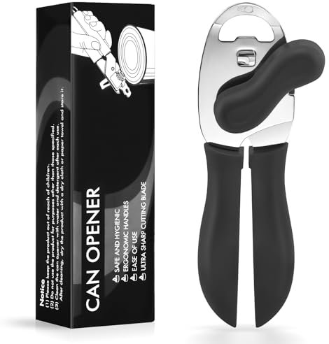 Tin Opener, Lychico 4-in-1 Can Opener Handheld Heavy Duty Stainless Steel Can Openers with Multifunctional Bottle Opener, Black
