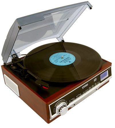 Giradischi con altoparlanti integrati vintage per il divertimento musicale e la decorazione della casa Gira dischi in vinile con radio FM Display LCD Con Orologio e uscita AUX ingresso per le cuffie