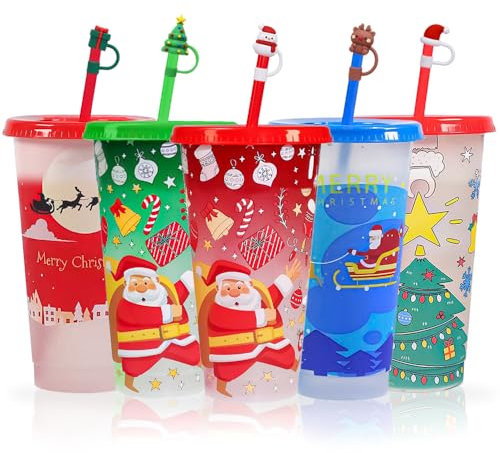 MOJMBSBY Lot de 5 gobelets à changement de couleur de Noël avec couvercle et paille pour la décoration de Noël, gobelets réutilisables pour la fête de Noël, 24 oz