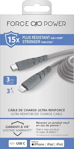 Câble Force Power CBL Ultra renforcé USB C vers Lightning 3m Gris
