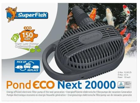 SuperFish Pond ECO Next 20.000 Teichpumpe – 19.500 l/h Förderleistung, energieeffiziente Filterpumpe für Koi- & Fischteiche bis 20.000 l, 150W