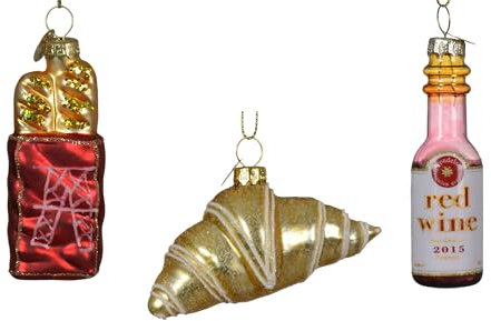 Kaemingk Christbaumschmuck Französische Delikatessen Glas 6cm - 3er Set zum Aufhängen Weihnachtsbaum Anhänger für Weihnachten - Christbaumanhänger & Weihnachtsbaumschmuck - Essen Cuisine Frankreich