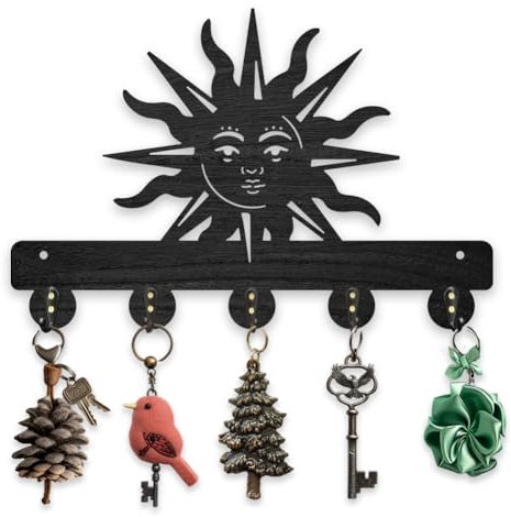 MAYJOYDIY Porte Clef Mural de Soleil 30× 20cm Porte Clé Mural Rustique pour Soleil Noir Boite A Clef Decorative avec 5 crochets en Alliage pour Chambre à Coucher Cuisine Entrée Bureau