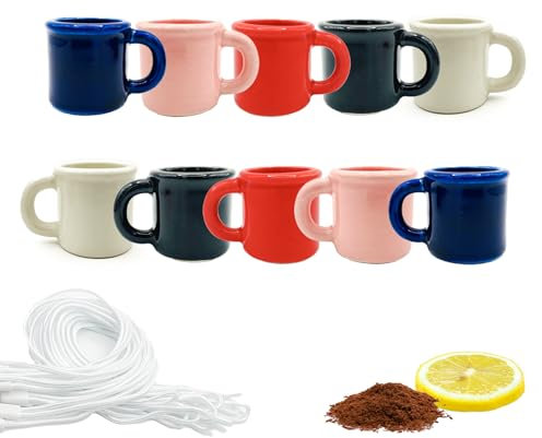 Witziger Mini Keramikkrug, Schnapsglas, Schnapskrug mit Band für Weihnachten und Party, JGA (Bunt, 10 Stück)