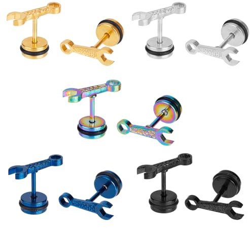 UNICRAFTALE 10Pcs Stainless Steel Hip Hop Earrings Mens Wrench Stud Earrings Screw Back Piercing Earrings Titanium Steel Spanner Tool Stud Earrings Birthday Party Graduation Gifts