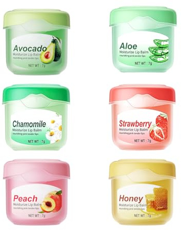 Ieron Lippenbalsam-Set, 6er-Pack Lippenbalsam-Multipack Honig/Avocado/Erdbeere/Kamille/Aloe Vera/Pfirsich, reduziert Lippenfältchen und Fältchen, für Tag und Nacht, Geschenk für Mädchen und Frauen