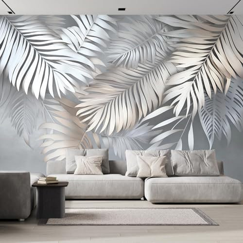 Wallpaper Papier Peint Panoramique Feuilles Palmier Blanches 150×105cm Poster Geant Mural，3D Plantes Abstraites Peinture Murale Papier Peint Salon Chambre