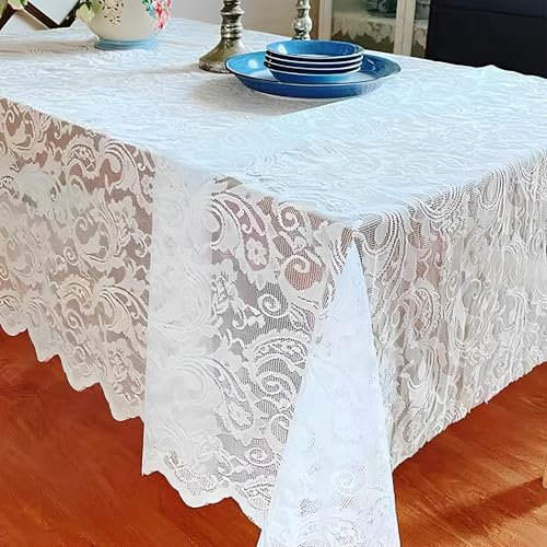 QSLKI Weiße Spitze Tischdecke, Spitzentischdecke rechteckig, Polyester, Vintage Bestickte Spitzeauflage, Elegantes Blumenmuster Hochzeitstischdecke, für Hochzeit Rezeption Dekor Party Boho,140x220 cm