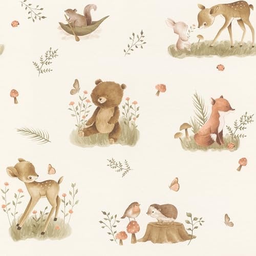 Rasch Papier peint 321104 - Papier peint intissé clair avec animaux de la forêt beige et marron - Pour chambre d'enfant - 10,05 x 0,53 m