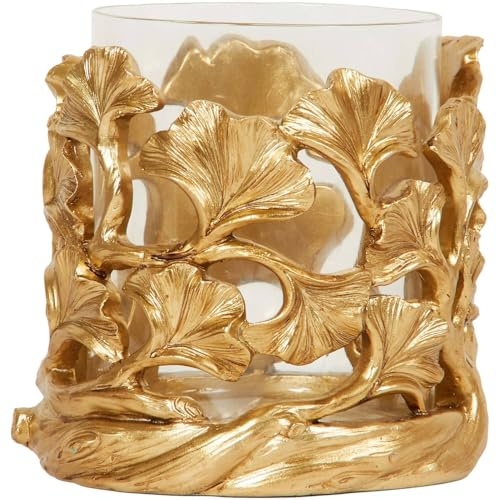 Deenz Gold Leaf Candle Holder Leaves Patterns, Romantic Transparent, Glass Candle Jars For Table Centrepiece, Christmas, Party, Home Decor