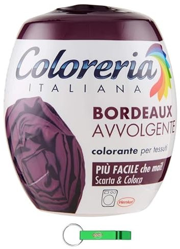Coloreria Italiana Colorante Tessuti e Vestiti en Lavatrice, Burdeos, Tinte textil y de ropa para la lavadora, color burdeos envolvente 350 g + llavero Beni Culinari gratis