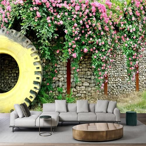 Tapete, Motiv: rosa Blumen, Steinmauer, gelbe Reifen, zum Abziehen und Aufkleben, abnehmbares, selbstklebendes Wandbild für Kinderzimmer, Schlafzimmer und kreative Raumdekoration