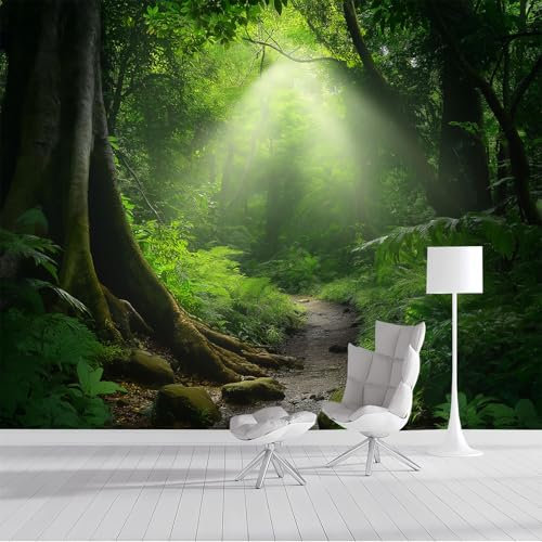 Papier Peint 3D Lumière Soleil Canopée Arbres De Vert Forêt Paysage Mural, Peinture Décorative Adulte Enfant Chambre Salon Papier Peint, Effet Mur Géant 450x315cm (L×H) Moderne Tissu De Soie Murale
