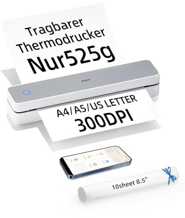 prt A4 Imprimante thermique mobile Bluetooth (300 DPI), portable pour l'apprentissage, le bureau, les voyages et la famille, sans encre (papier thermique uniquement), compatible avec iPhone, Android