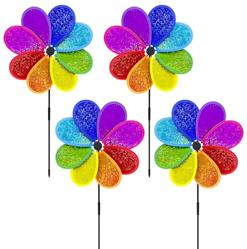 Lets Joy 4PCS Windspiel Blume, Windrad Garten, Windmühle Regenbogen, Windrad Kinder, Buntes Windmühlen, Glitter Windmühle Spinner, Balkon, Haus, Garten Hof Party Deko