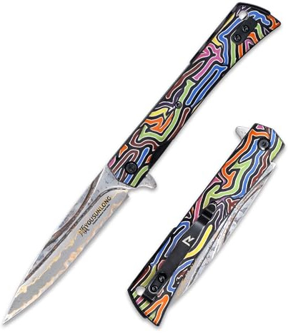 YOUSUNLONG Coltello pieghevole da campeggio da 215 mm - Lama in acciaio damasco CuMai - Rivestimento del manico in G10 multicolore