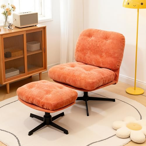 BonVoche Relaxsessel mit Hocker, 360° drehbar, Chenille-Sessel, Orange | Gepolsterte Sitzfläche und gefederte Rückenlehne mit hochdichtem Schaumstoff für angenehmen Komfort beim Lesen und Fernsehen