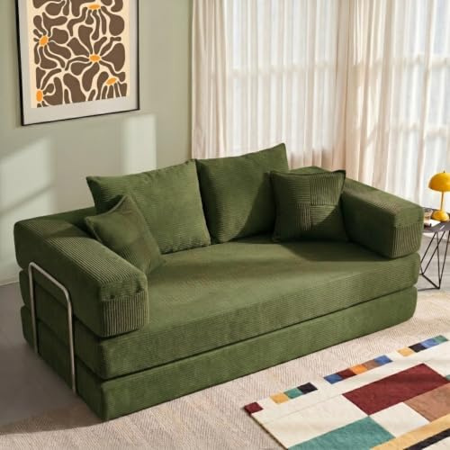 YINIX Cordstoff Schlafsofa 200cm, 5-in-1 Faltbares 3-Sitzer Bodensofa mit Metallrahmen, Modulares Gästebett aus hochdichtem Schaumstoff, Keine Montage (Grün, 200cm)