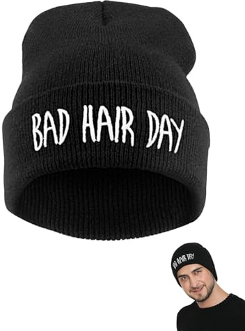 WINXMIN Beanie 'Bad Hair Day' Wintermütze mit Einstickung Hip-Hop Mütze,Warme Strickmütze Beanie, Wintermütze Damen, Elegante und elastische Mütze für Herbst & Winter, modisch & zeitlos,Schwarz