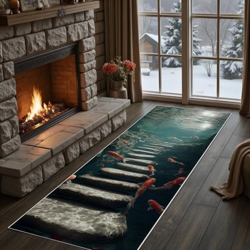 Meugesoi Unterwasserwelt Teppich Läufer Flur 60x120 cm Goldfisch Seen Küchenteppich, Teppichläufer Fantasy Küchenläufer Küche Teppiche rutschfest Waschbar für Flur Waschküche