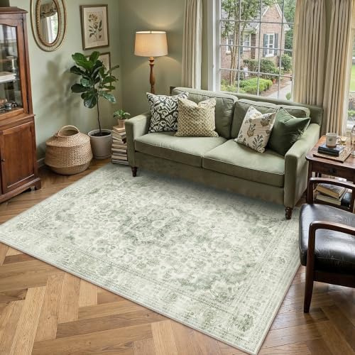 PureCozy Vintage Waschbarer Teppich Wohnzimmer 120x170cm Grün rutschfest